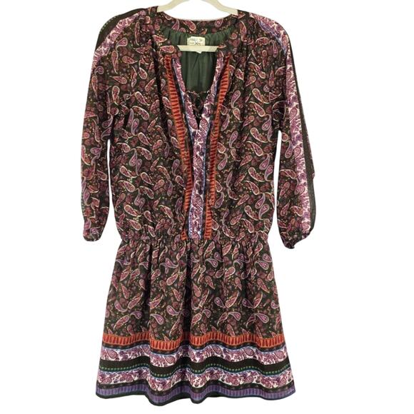 M Midnight Sky Paisley Print Mini Dress Women's Size M Sheer Long Sleeve Green - Picture 1 of 11